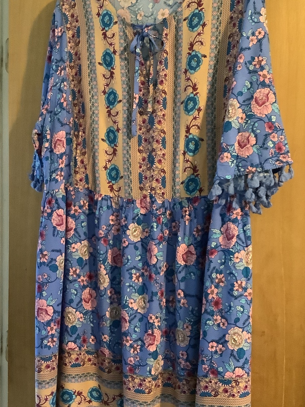 Girls' Blue Floral Boho Dress with Tassel Tie and Ruffle Sleeves
